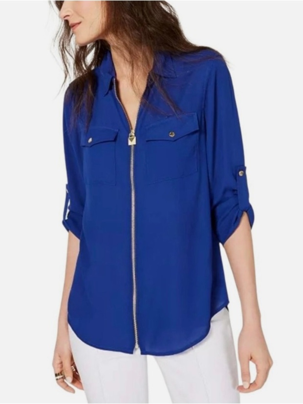 Michael Kors Royal Blue Zip-Front Button Down Shirt